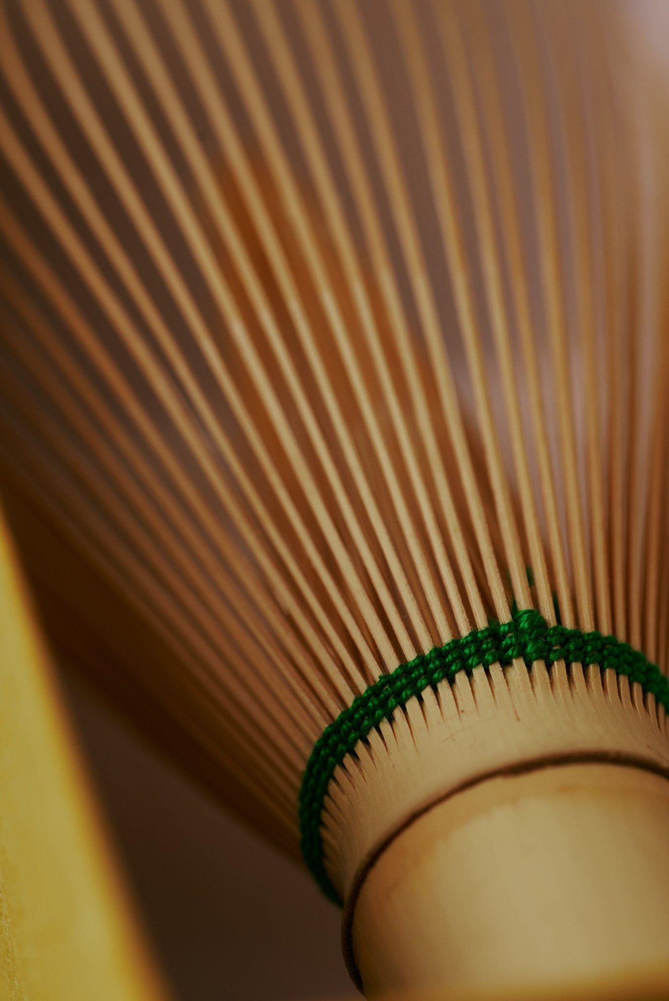 Takayama Chasen 100-prong bamboo matcha whisk close-up of tines and green thread binding